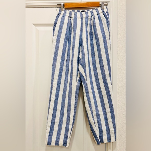 J. Crew Pants - J Crew Pants Women 4 Blue White Linen Cotton Vertical Stripes Pullon Elastic